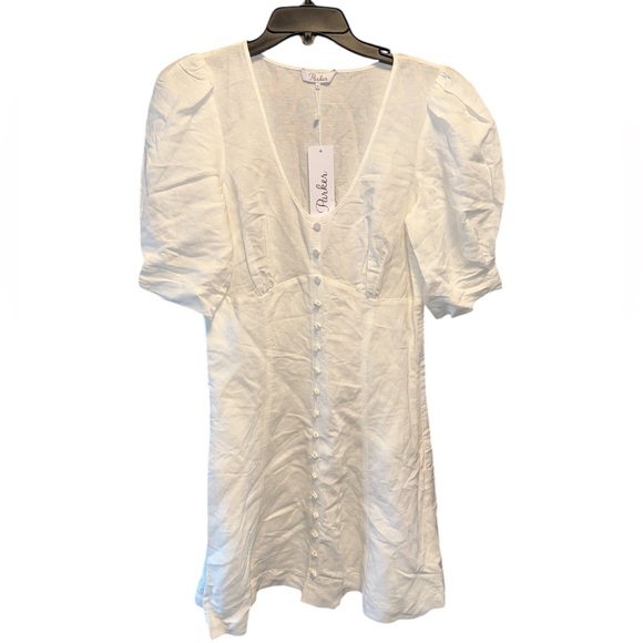 Parker Off White Linen Puff Sleeve Mini Dress Size 8 NWT Ivory - Picture 4 of 10